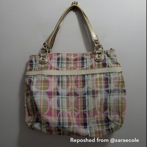 Coach Madras Signature Sequin Pastel Plaid Shoulder Tote Bag